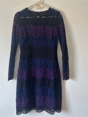 Elie Tahari Black, Purple & Navy Lace Long Sleeve Dress